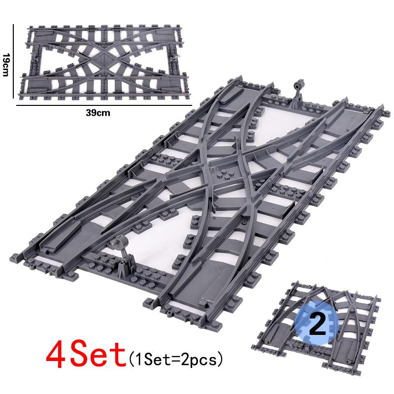 MOC городской поезд, железнодорожный переезд, гибкие рельсы, раздвоенные прямые изогнутые рельсы, переключатель, строительные блоки, кирпичи, креативные игрушки «сделай сам»