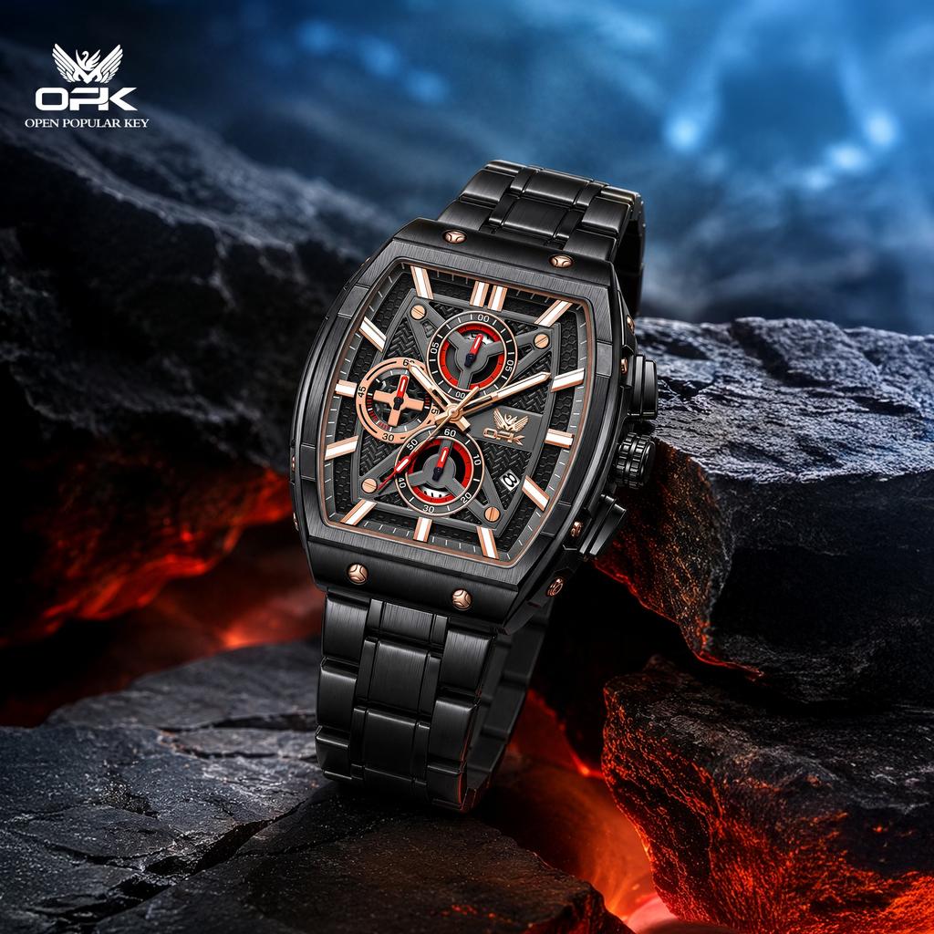 Mens Chronograph Wrist Watch Large Tonneau Case Steel Metal Calendar Waterproof Business Wristwatch for Male
