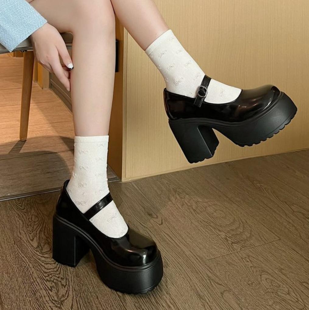 Женские туфли на массивной платформе и высоком каблуке 2025 Весна ПУ Кожа Ремешок на щиколотке Mary Jane Туфли Женские Белые Lolita Обувь на толстом каблуке