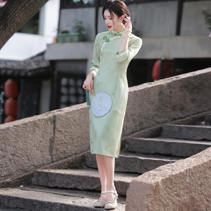 1011 spring new suede printing improved young new Chinese long thin slim girl cheongsam skirt