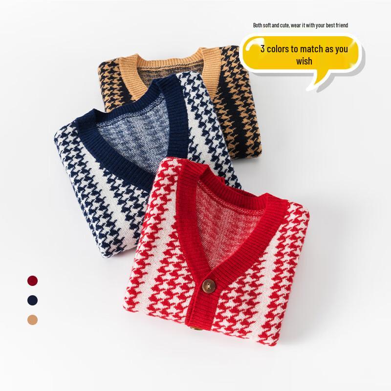 Hengyuanxiang Children's Pure Wool Thickened V-neck Plaid Cardigan