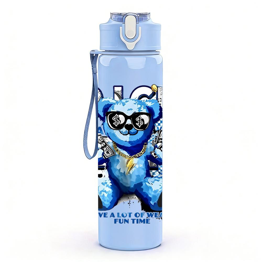 1PC Rich Blue Bear Glasses Portrait 750ml Color Plastic Water Bottle Leakproof Flip Straw Lid For Sports Office Home Use