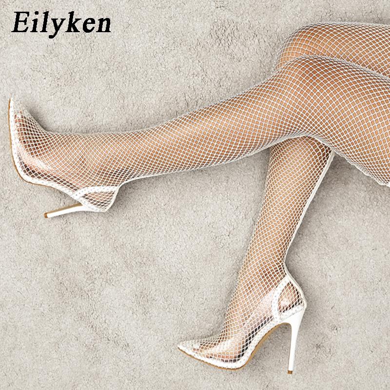 Eilyken Модные летние сетчатые женские туфли выше колена с острым носком в сеточку, пикантные ботинки для ночного клуба, женские туфли на высоком каблуке