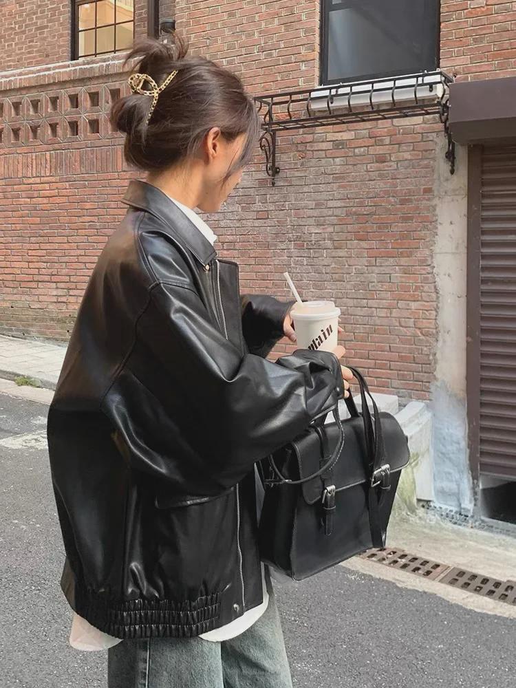 2024 Women's Retro Brown Short Leather Jacket – Korean Style, Loose Fit, Perfect for Spring and Autumn, Stylish Motorcycle Design