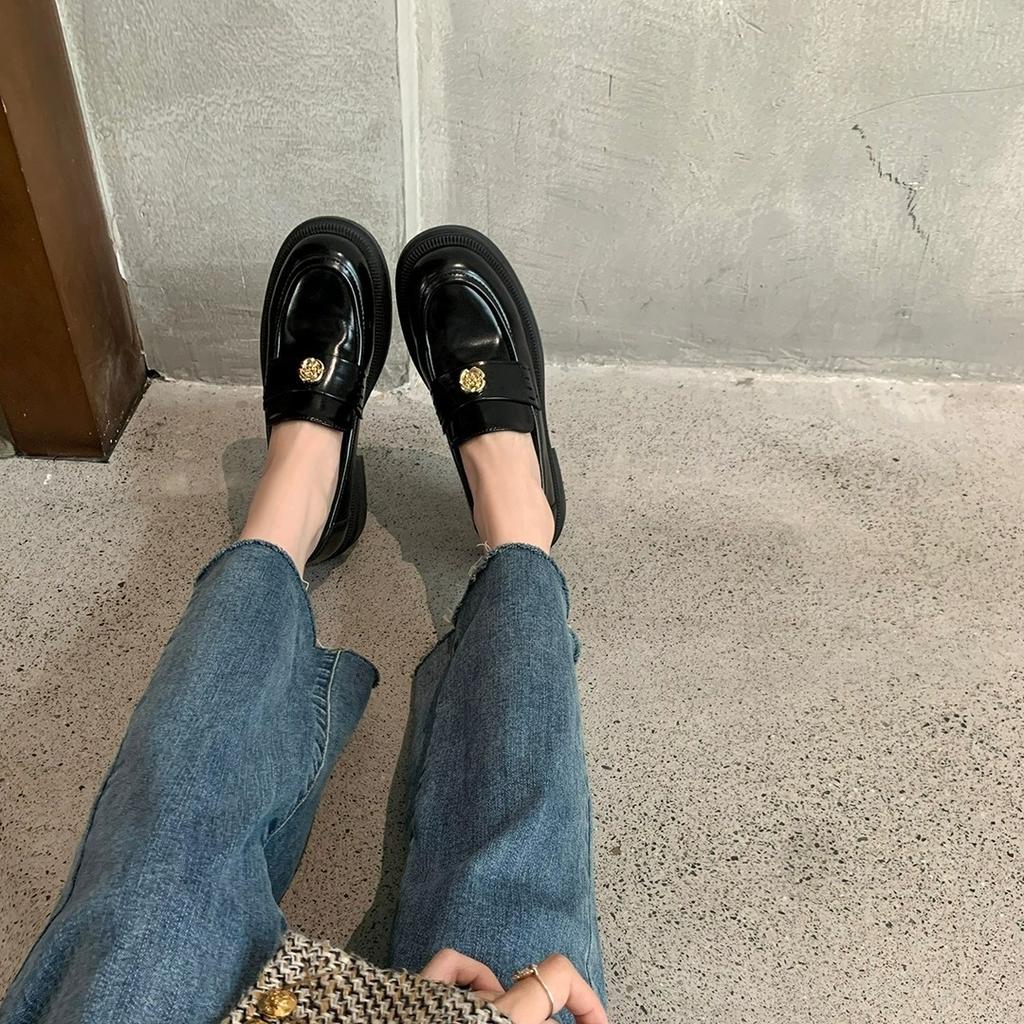 Premium Cowhide Version~ Genuine Leather Retro Round Head Camellia Small Gold Coin Buckle Platform Loafers Women's Single Shoes Small Leather Shoes