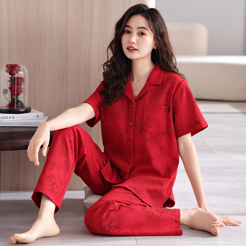 Pure cotton pajamas women's summer short-sleeved trousers with chest pads 1011 new cardigan can be worn outside loungewear two-piece set
