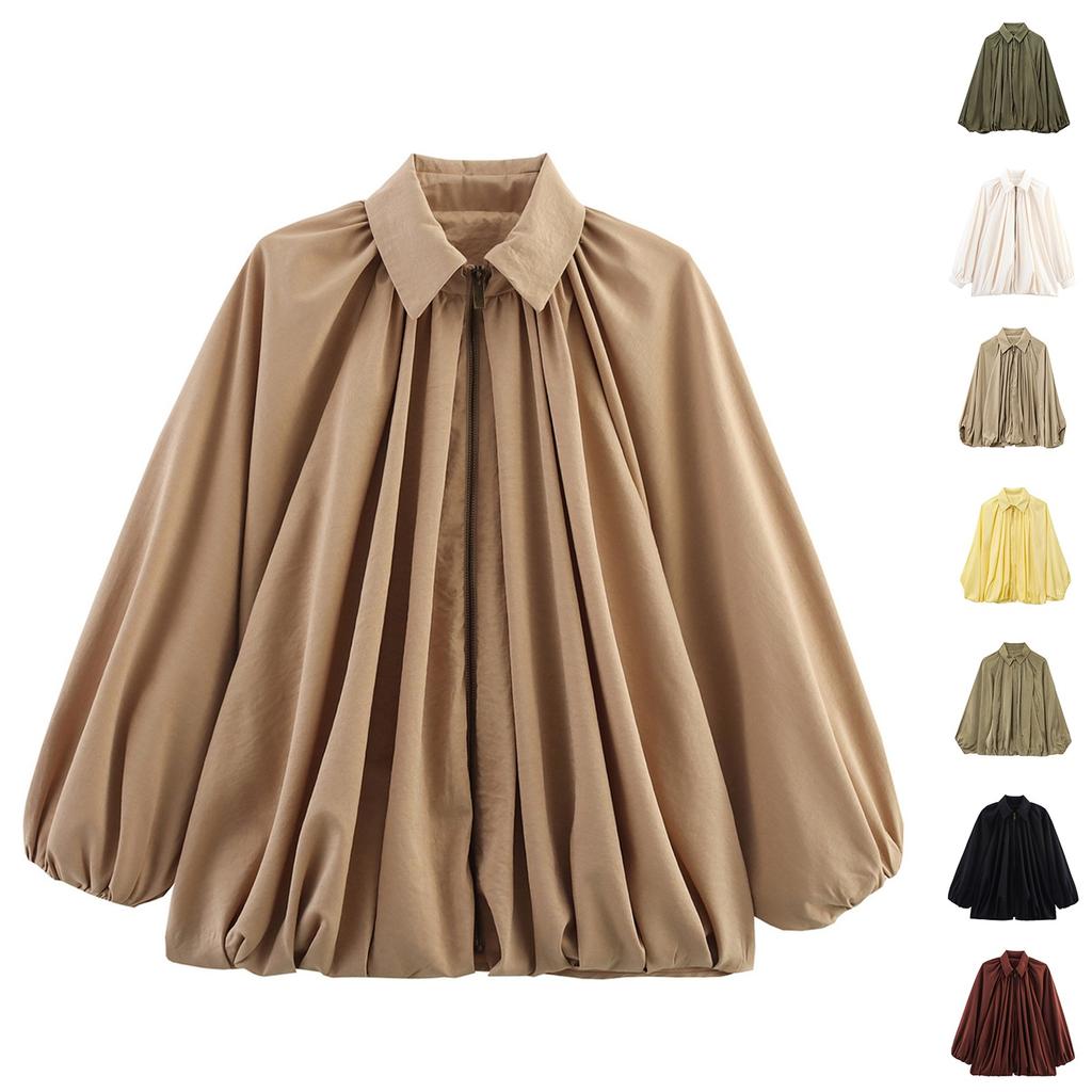 Women's Jacket Oversized Streetwear Casual Sleeve Lapel Collar Zip Front Pleated Shirts