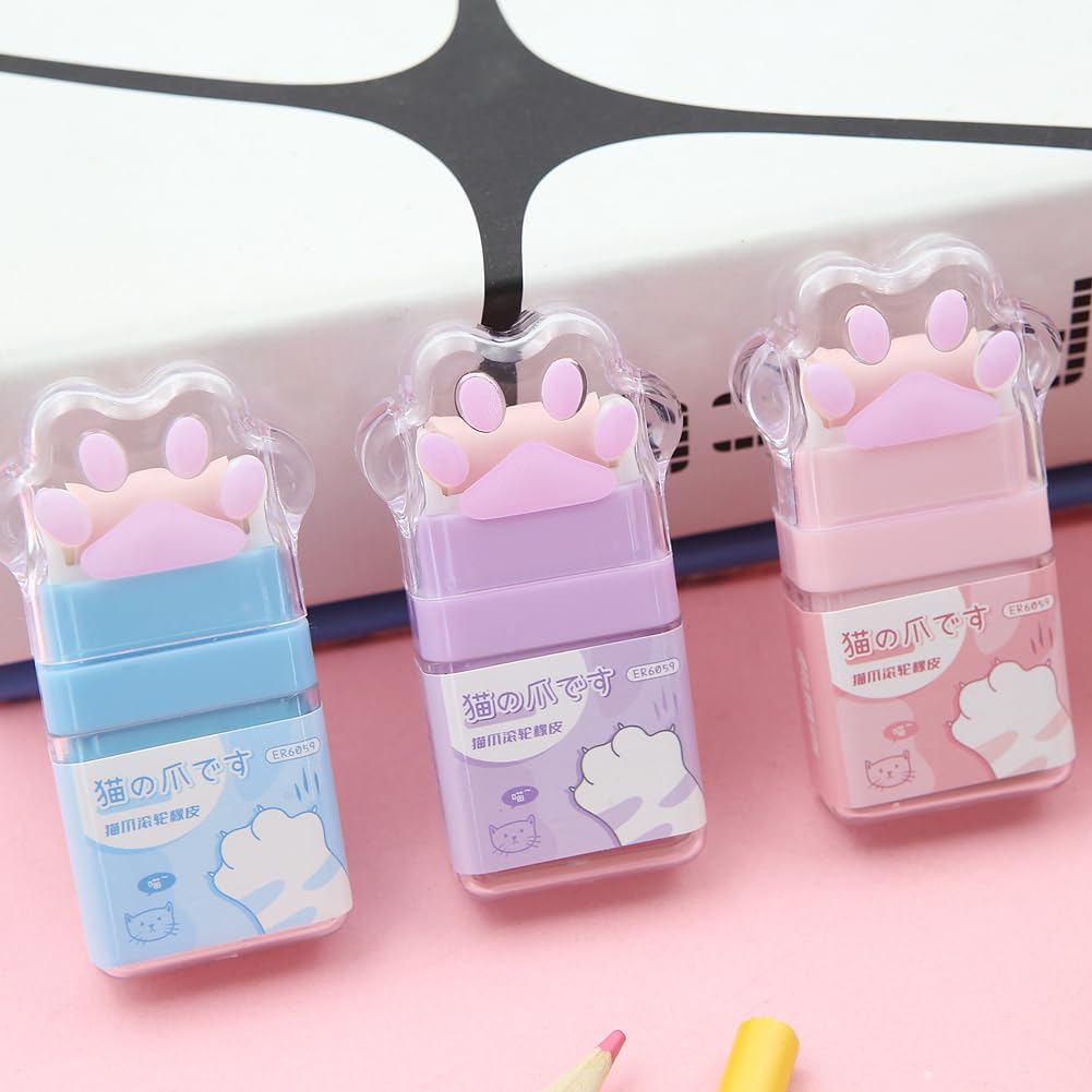 4Pcs Cat Paw Roller Eraser, Colorful Cute Cat Rubber, Kids Eraser with Shaving Roller Case for School Office Supply Stationery, 70 x 31 x 15mm
