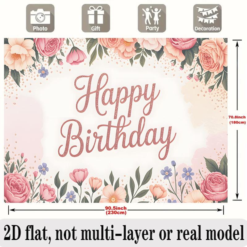 Pink Watercolor Birthday Banner, Romantic Floral Backdrop Wall Decor for Party