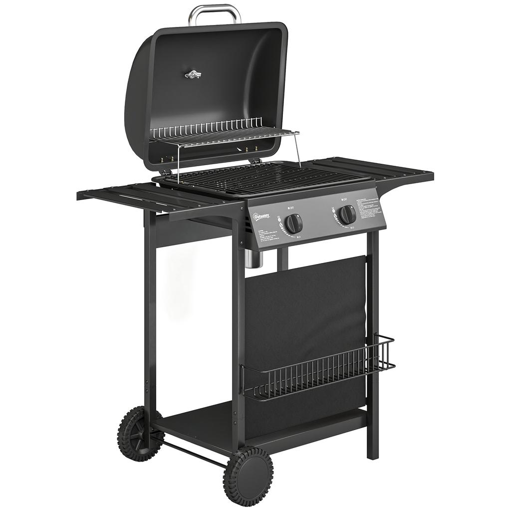 Gas Burner Barbecue Grill, 2 Burner Gas Grill with Side Tables, Warming Rack, Shelf, Thermometer, Grease Tray, Black