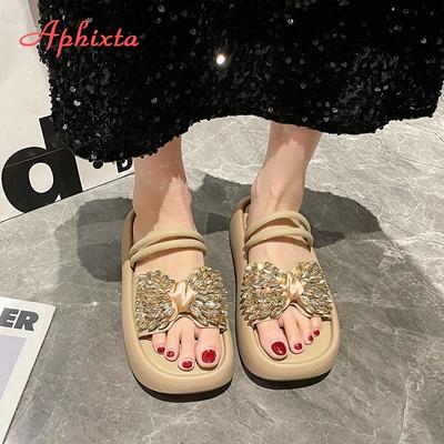 Модные Aphixta Новые Кристальные Туфли-шлепанцы с бантом-бабочкой, Современные сандалии с узкими ремешками, Обувь на толстом каблуке, Летние пляжные шлепанцы, женские сандалии