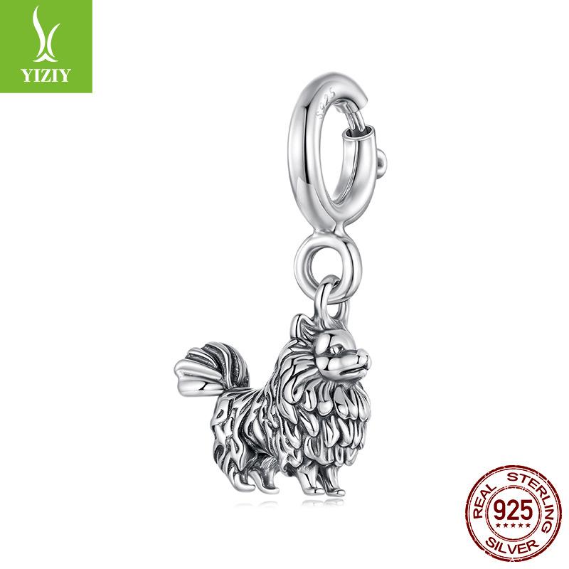 S925 Sterling Silver Pomeranian Pendant Opening And Closing Button Head, Cute Puppy Dog Sterling Silver Beaded Accessories