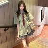 Ретро летняя старинная зеленая полосатая рубашка женская с короткими рукавами японский свободный повседневный костюм в стиле колледжа с короткой юбкой