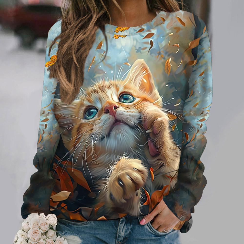 Women's T Shirts 3d Print Art Design Cat Pattern Long Sleeve Daily Weekend Fashion Funny Round Neck Regular Fit Spring & Fall