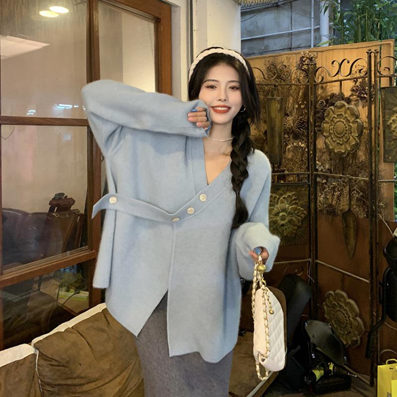 Women's 2023 Autumn V-neck Knit Cardigan - Stylish Lazy Style Sweater Coat Base Layer