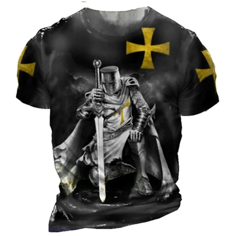 Men's T-shirt Casual Cotton Short Sleeve Shirt Temple Crusader Print T Shirt Fashion Vintage Clothing High Quality