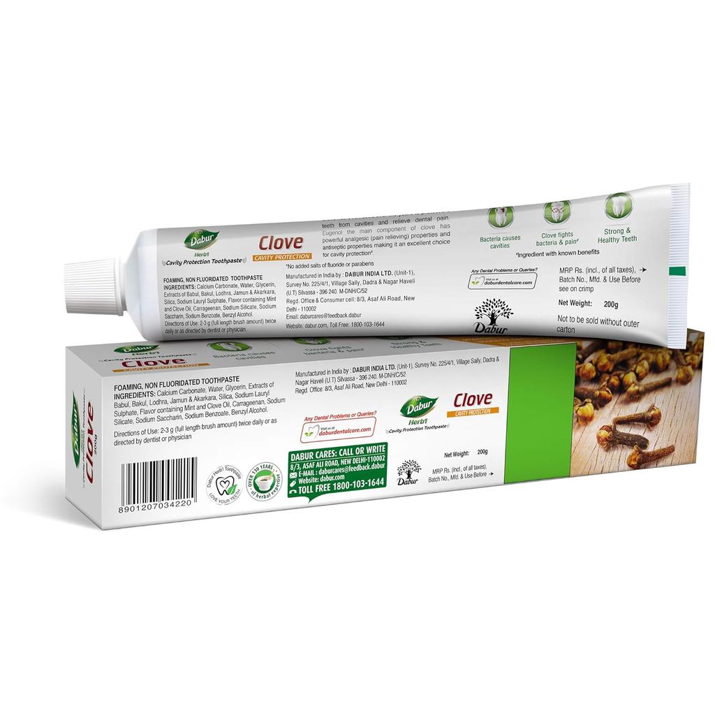 Dabur Herb'l Clove Toothpaste 600g (200g X 3 Pack) | Natural Cavity Protection, Bacteria Defense & Pain Relief | Fluoride & Paraben Free