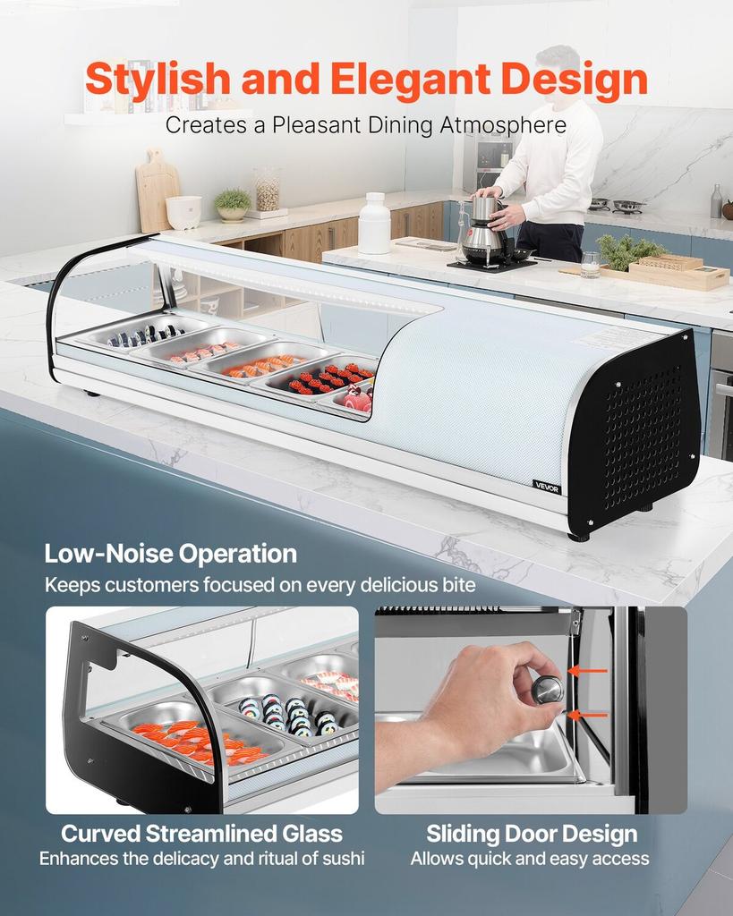 Sushi Display Case Refrigerator, 52L Commercial Sushi Case, 5-Pan Countertop Showcase with Curved Glass, LED Lighting, and Digital Temperature