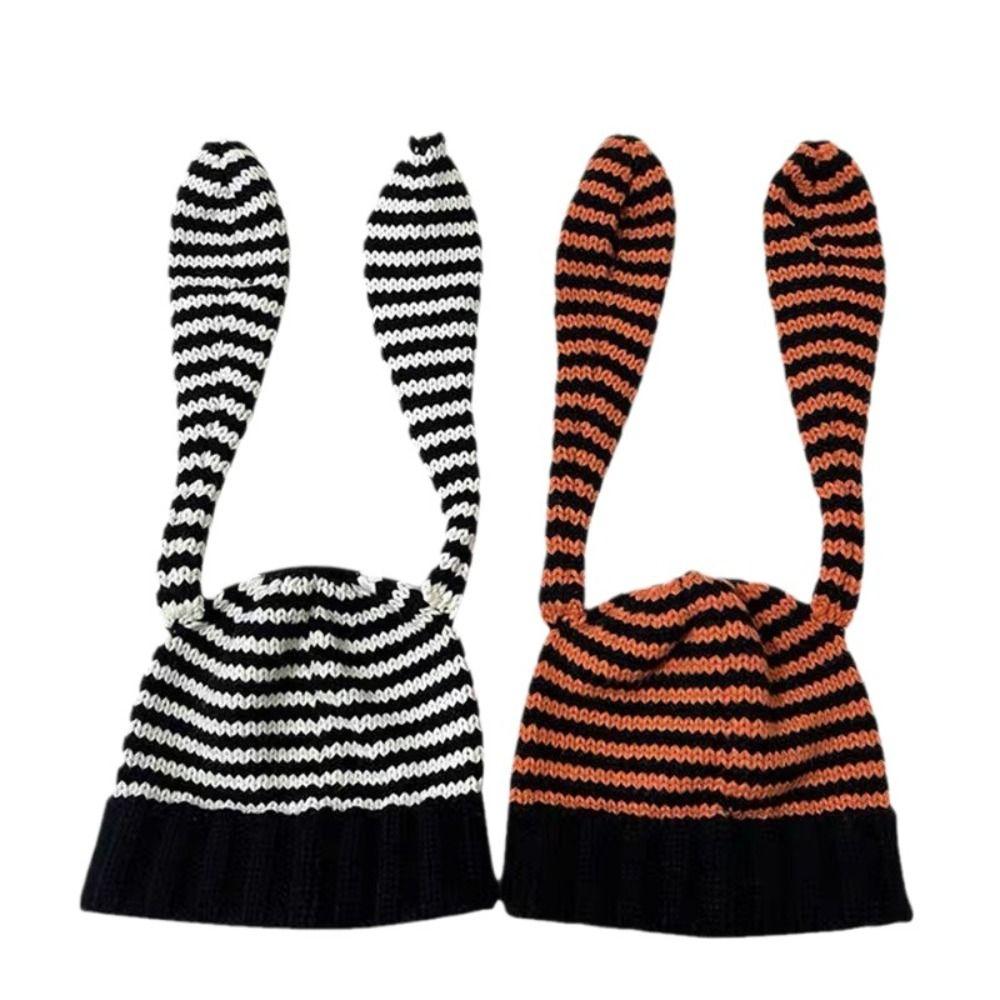 Knitted Rabbit Ears Hat Y2K Stripe Skull Cap Cute Women Beanie Hat Ladies