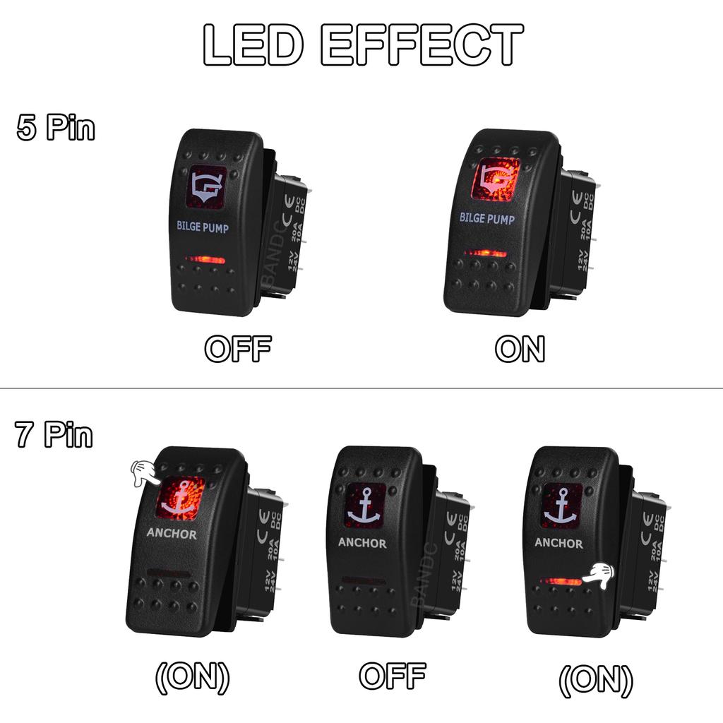12V 24V Car Boat LED Button Switches Dual RED Lights 5P SPST Waterproof Rocker Switches for ARB Marine RV 4×4 Caravan