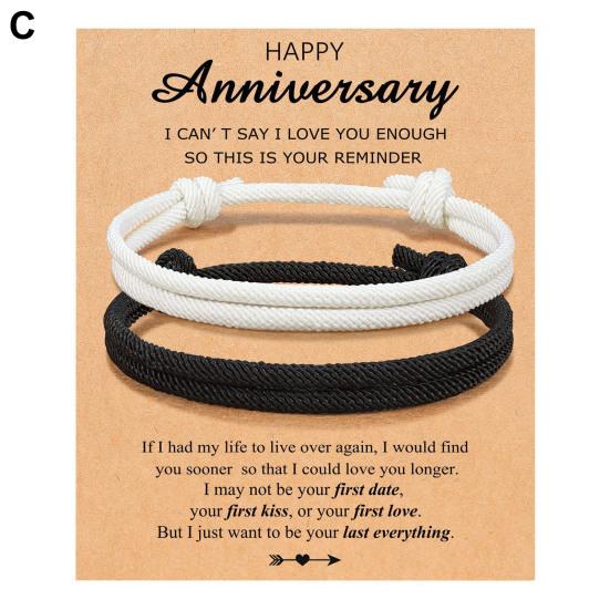 2Pcs Black White Adjustable Couple Rope Bracelet Handwoven Friendship Wristbands Birthday Gift