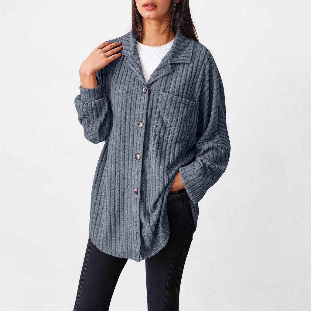 Women's Loose Fit Sleeve Ribbed Knit Button Down Shirt Shacket Boyfriend Shirt Jackets Tops