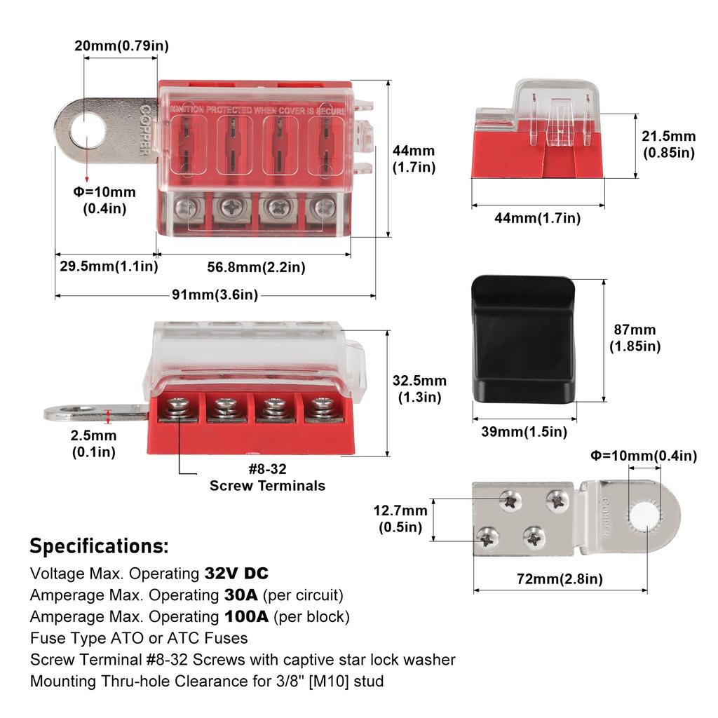 M10 100A 32V 4 Circuit Kit ST Blade Fuse Block Battery Terminal Mount Busbar Boating Equipment For Car Yacht Truck