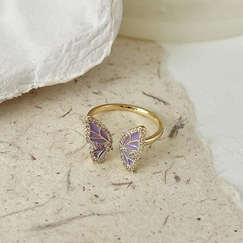 Elegant French Iris Violet Enamel Drop Oil Zircon Ring For Women Fashion Accessory