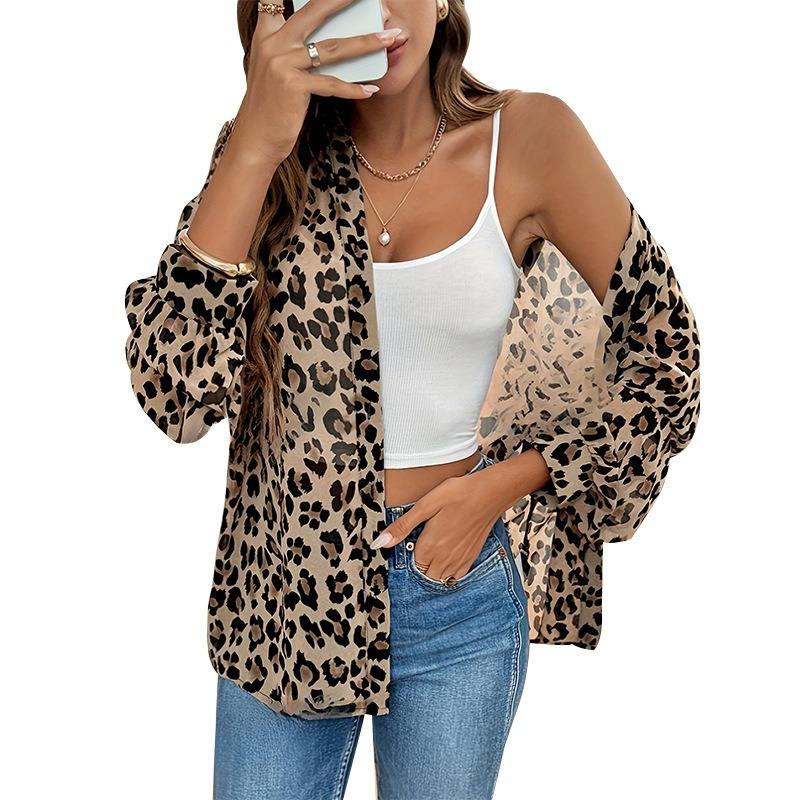 Elegant Leopard Print Long Sleeved Loose Shirt Top Blouses Shirts