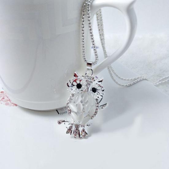 Owl Necklace Sweater Chain Faux Opal Rhinestone Decor Alloy Clothes Jewelry Dating Prom Party Garment Decoration Necklace