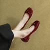 2025 Retro Bow Patent Leather Beanie Shoes Women's Flat Summer and Autumn Square Head Single Shoes Thick Heel Burgundy