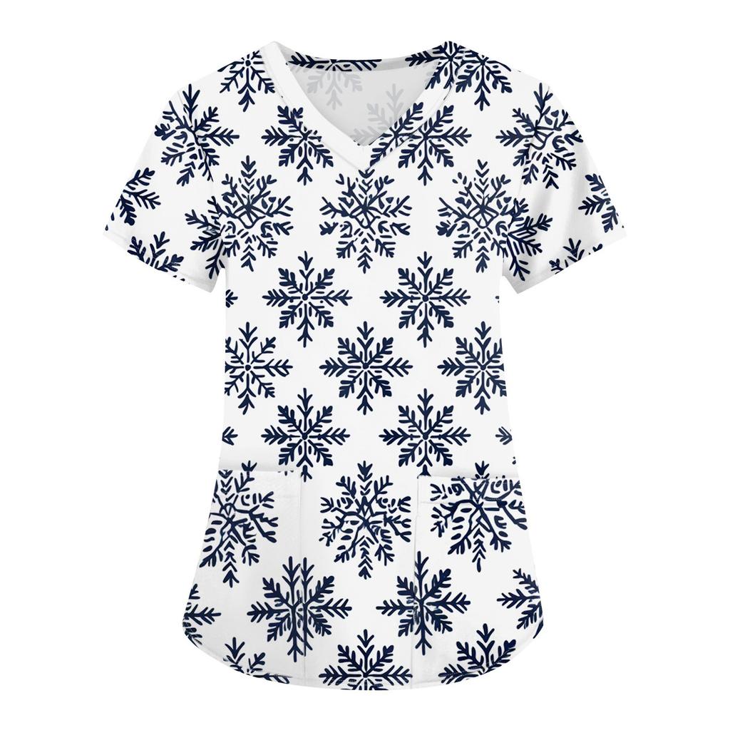 Plus Size Printed Scrub Working Uniform Tops For Women's Cross V Neck Christmas Print Short Sleeve Fun T-Shirts Workwear Tee With Pockets