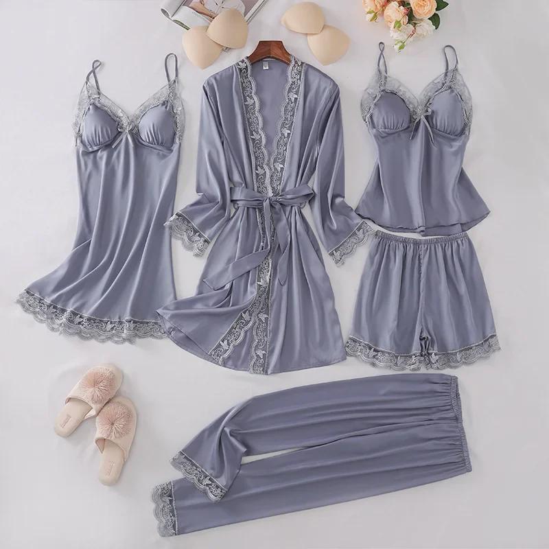 Женский шелковый кружевной пижамный комплект - 5 предметов: ночная рубашка с длинными рукавами, майка и шорты на весну, лето и осень