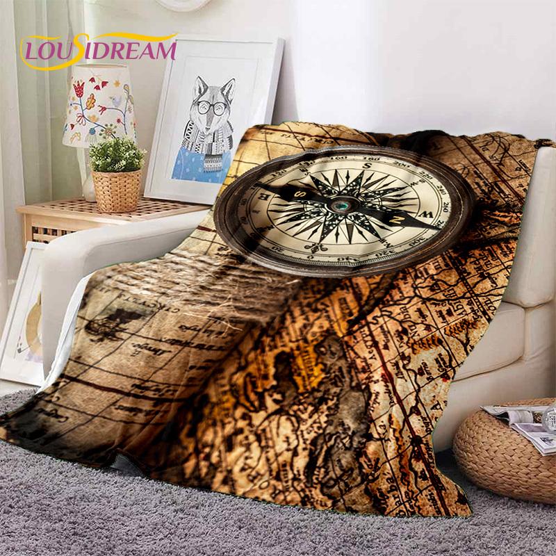 3D Ancient Nautical Chart World Map Compass Soft Flannel Blankets,Throw Blanket Comfortable Blanket for Picnic Beds Sofa Bedroom