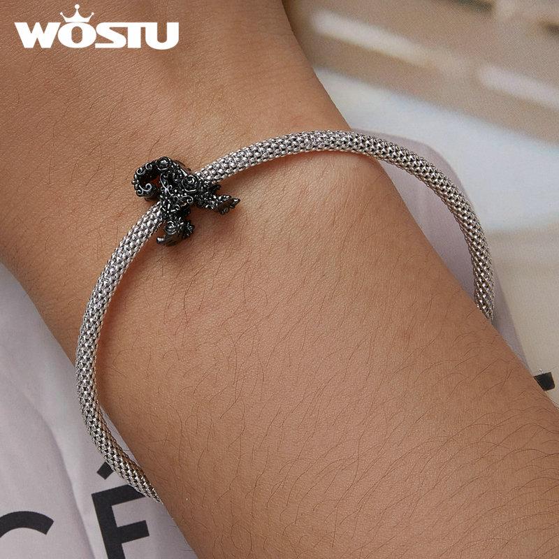 WOSTU 925 Sterling Silver Moonlight Rose & Skull Heart-shaped Rose & Letter A Charms Beads for Women DIY Original Bracelet Necklace Fashion Jewelry