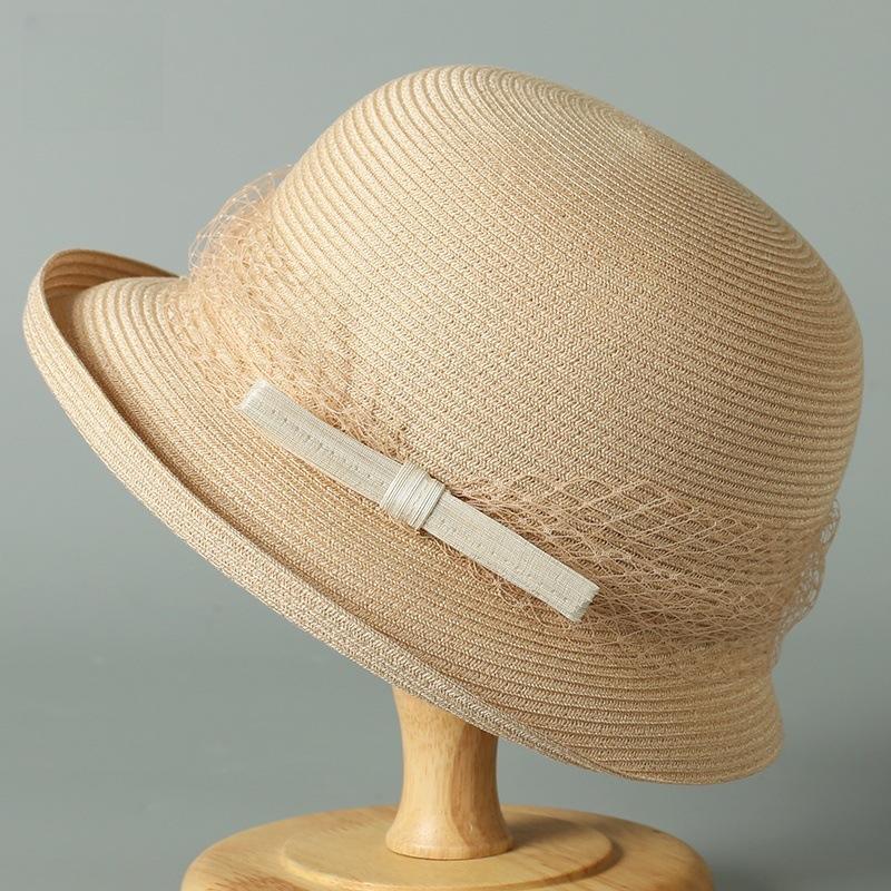 Hepburn wind warped edge fisherman hat children sunscreen straw hat silk hemp small bow basin hat imitation hemp sun hat adult