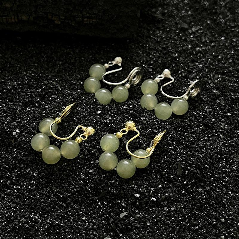 Four Hetian Jade Ear Clips Without Ear Holes, Retro Chinese Style Elegant Lady U-Shaped Hetian Jasper Round Bead Ear Bone Clips