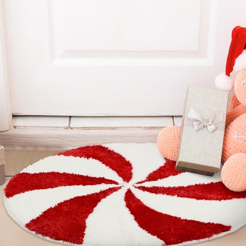 Christmas Bathroom Rugs 23 Inch Washable Round Bath Mats Winter Red White Candy Bath Mats Area Non Slip Absorbent Carpets Doormat