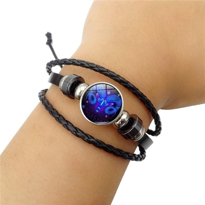 Unisex Snap Bracelet Weaving Fashion 12 Constellation Bead Leather Charm Couple Bangles Gifts