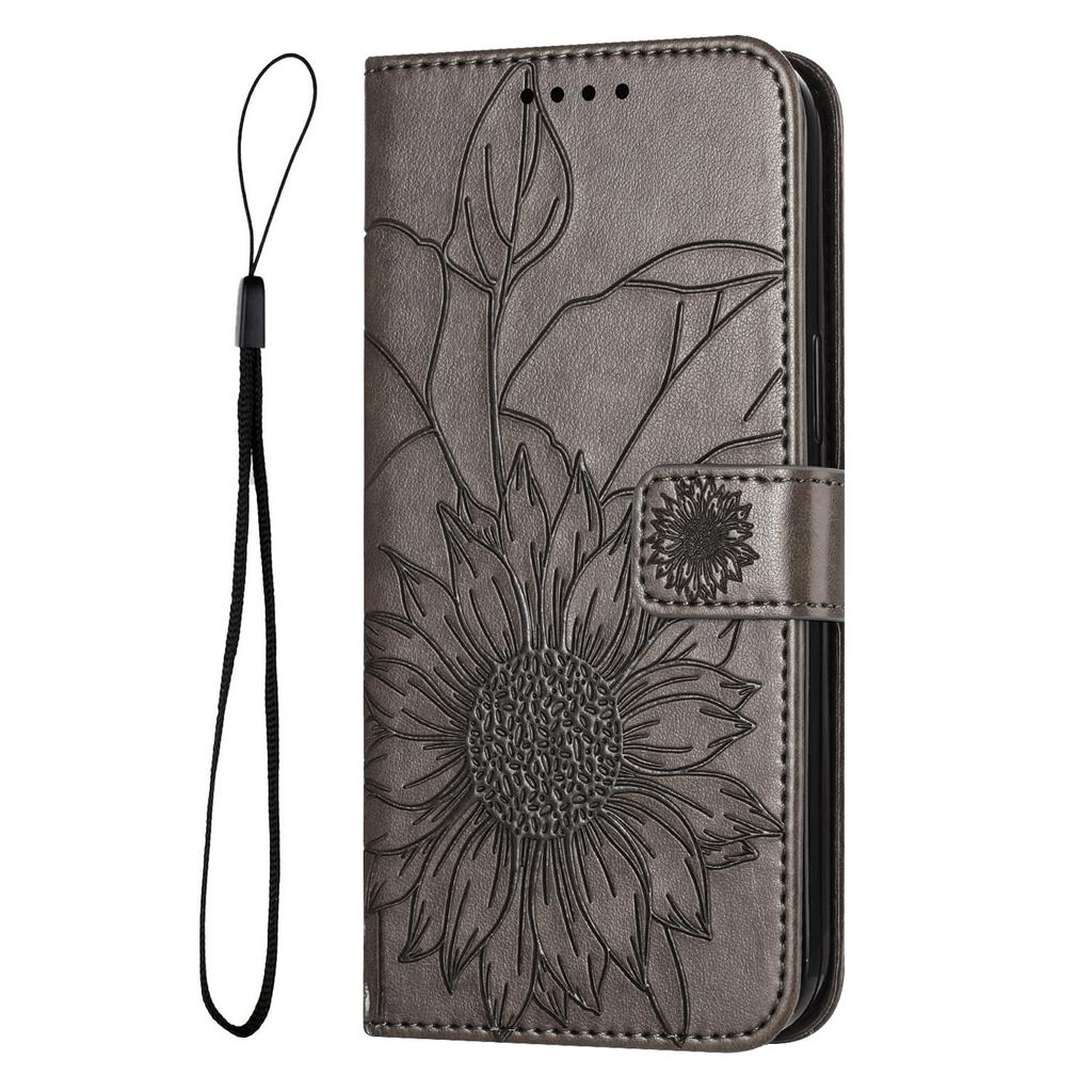 Embossed Sunflower PU Leather Card Holder Flip Cover for Samsung Xiaomi Redmi Huawei Honor Magnetic Hand-strap Wallet Case with Kickstand
