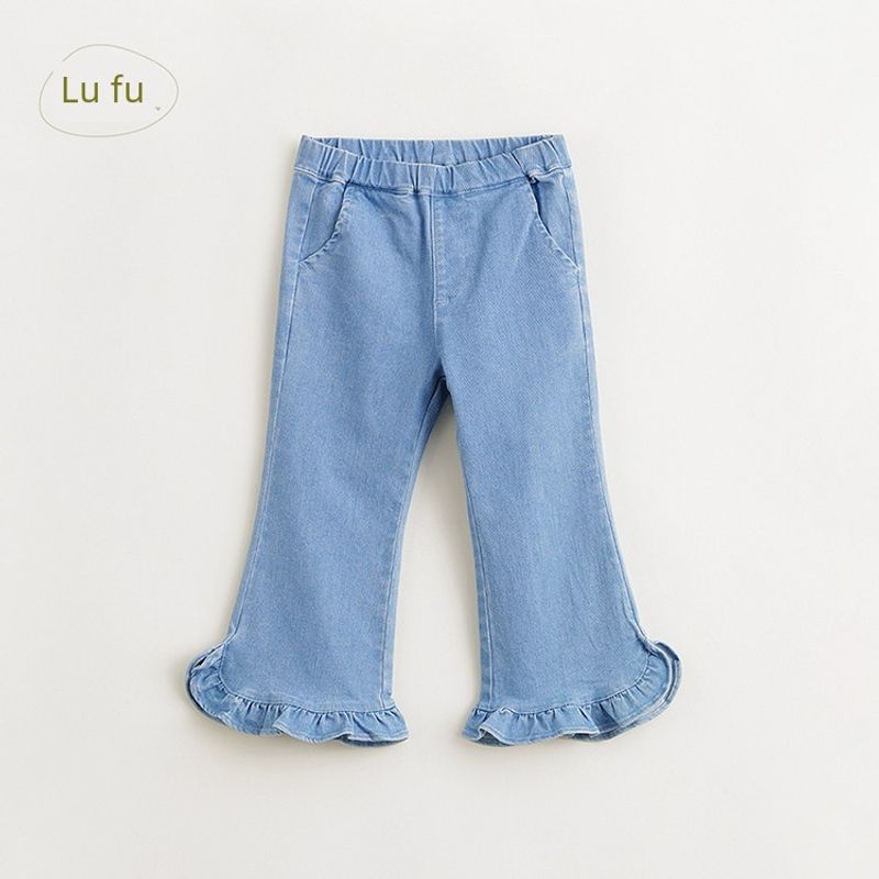 [Mark Jenny French Style] Girls' Wavy Ruffle Trim Flared Jeans Summer Pants 240132
