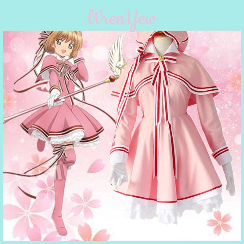 Очаровательный костюм для косплея Cardcaptor Sakura Kinomoto, розовое платье со шляпой для женщин