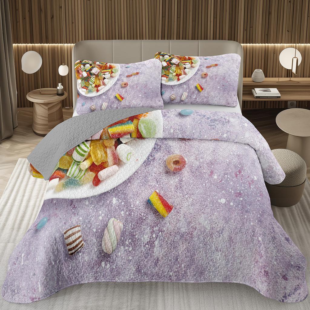 Сладкий Конфетный Комплект Квилтов для Девочек Мальчиков Подростков, Комплект Покрывал на Кровать на Тему Леденцов Кинг Десертное Стеганое Покрывало Мультяшный Стиль Покрывало на Кровать