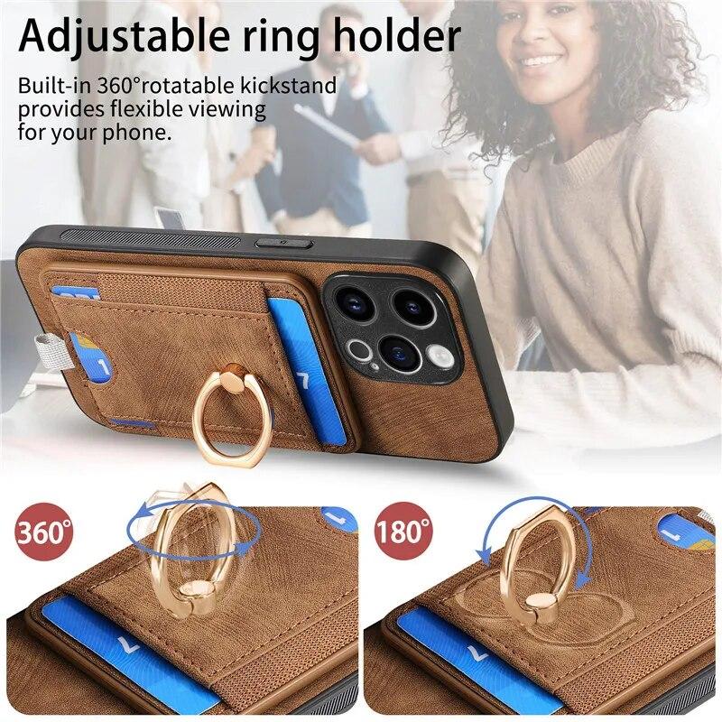 Wireless Ring Leather Wallet Phone Case for iPhone 15 Pro Max 14 Plus 13 12 11 for Samsung Galaxy S24 Ultra S23 S22 S21 FE A35 A15 A05 A54 A34 Cover