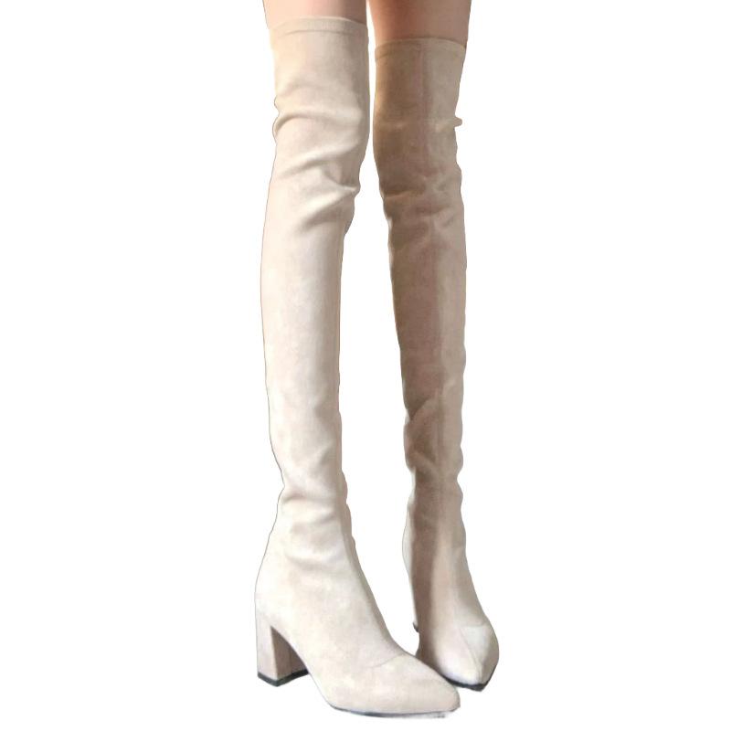 High tube elastic thin boots woautumn winter thin legs long thick heel versatile high heel knee boots
