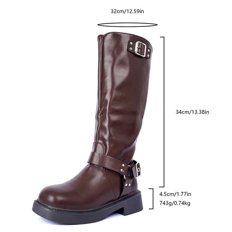 Fashion Buckle Decor Long Knight Boots for Women Autumn Black PU Leather Knee High Boots Woman Plus Size Fashion Riding Botas Mujer 2025