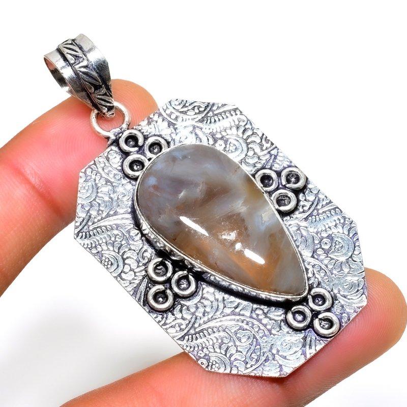 Tube Agate Gemstone 925 Silver Plated Handmade Jewelry Pendant 2.27"