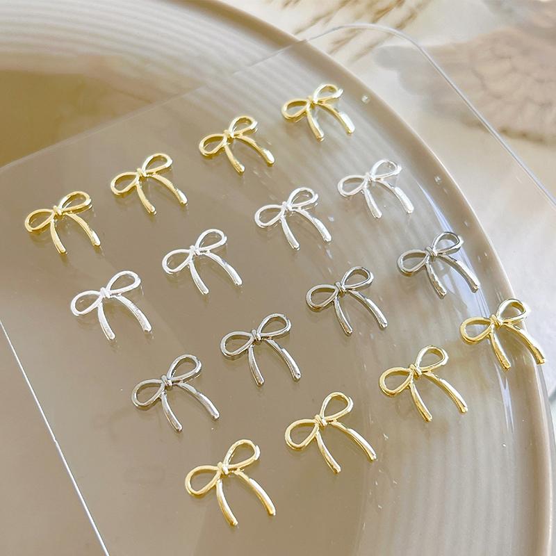 10Pcs Bow Deco Nail Art Charm 3D Silver/Gold Bowknot Ribbon Nail Decor Parts Diy Luxury Manicure Accessories