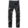 AMI European Men's Jeans With Ripped Patches Black Trendy Stretch Slim Fit Small Leg Pants Personalized Men's Pants 3109