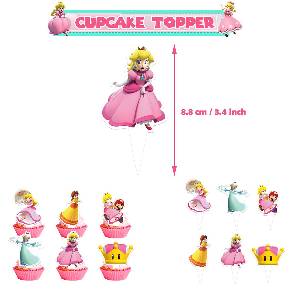30Pcs Princess Peach Birthday Party Supplies include Banner Cake Topper Balloons